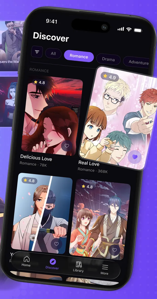 INKtoon Discover screen with romance titles filtered by genre